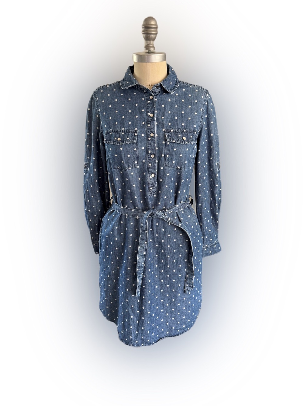 Boden Long Sleeve Pearl Snap Button Denim White Polka Dot Dress. Size 4R